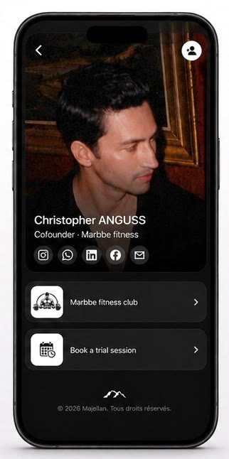 Application Majellan : page de contact partagée, réseaux sociaux et boutons d’action