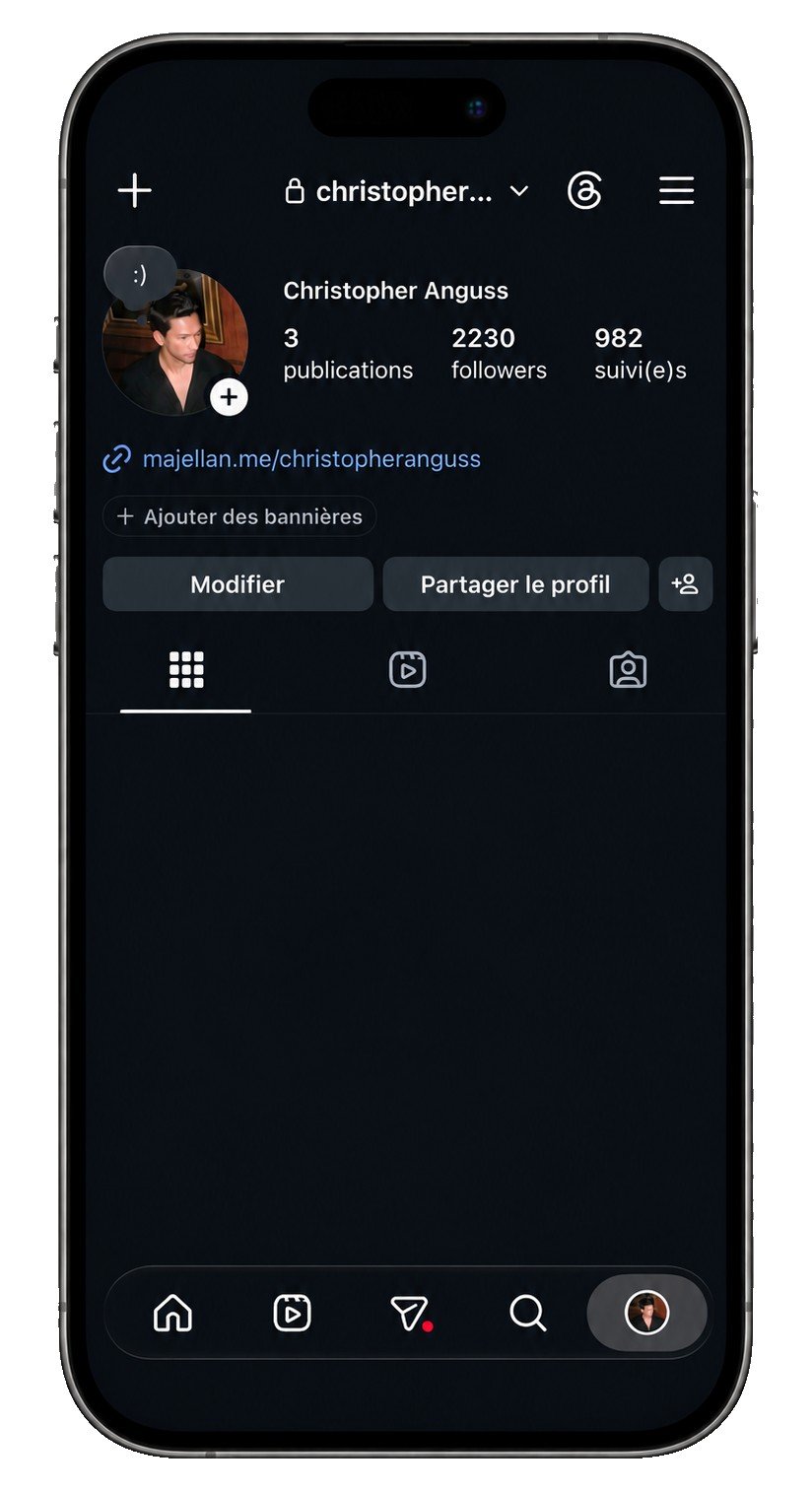 Profil Instagram avec le lien majellan.me en biographie