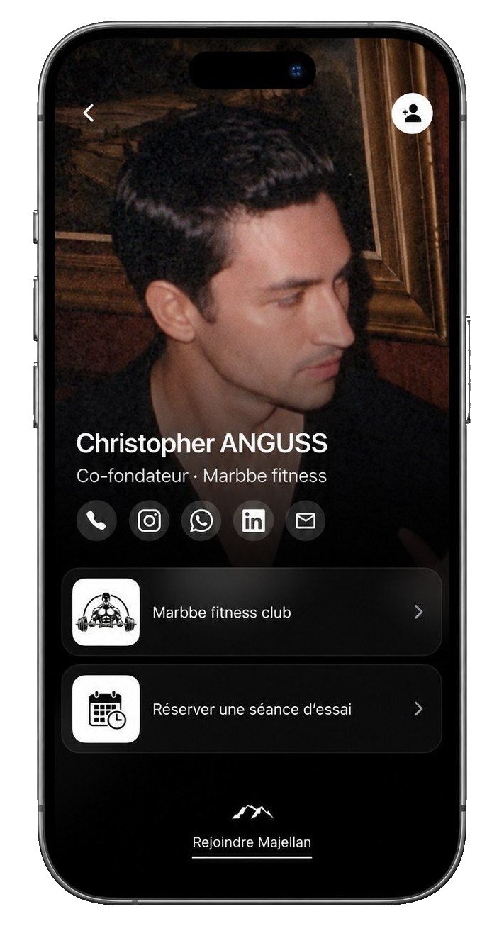 Application Majellan : page de contact partagée, réseaux sociaux et boutons d’action