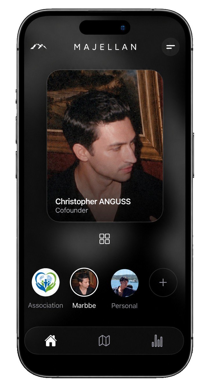 Application Majellan : écran d’accueil, plusieurs profils dont celui de Cofondateur est actif