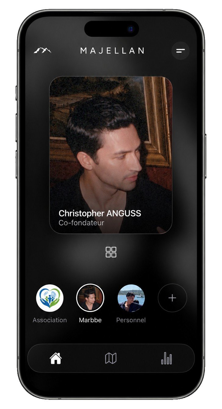 Application Majellan : écran d’accueil, plusieurs profils dont celui de Cofondateur est actif